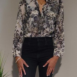 Floral Printed Sleeve Button Up Blouse Shirt Women Size Small Long Sleeve